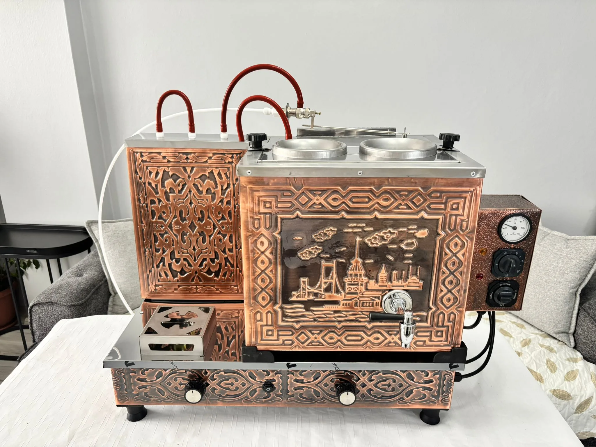2 Demlikli Antik Bakır Çay Kazanı (Kız Kulesi Desenli)